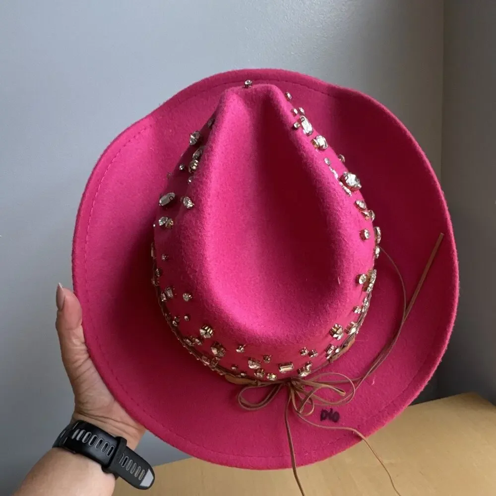 Pink Women's Cowboy Hat Rhinestone Accents Felt Polyester 57 cm Solid